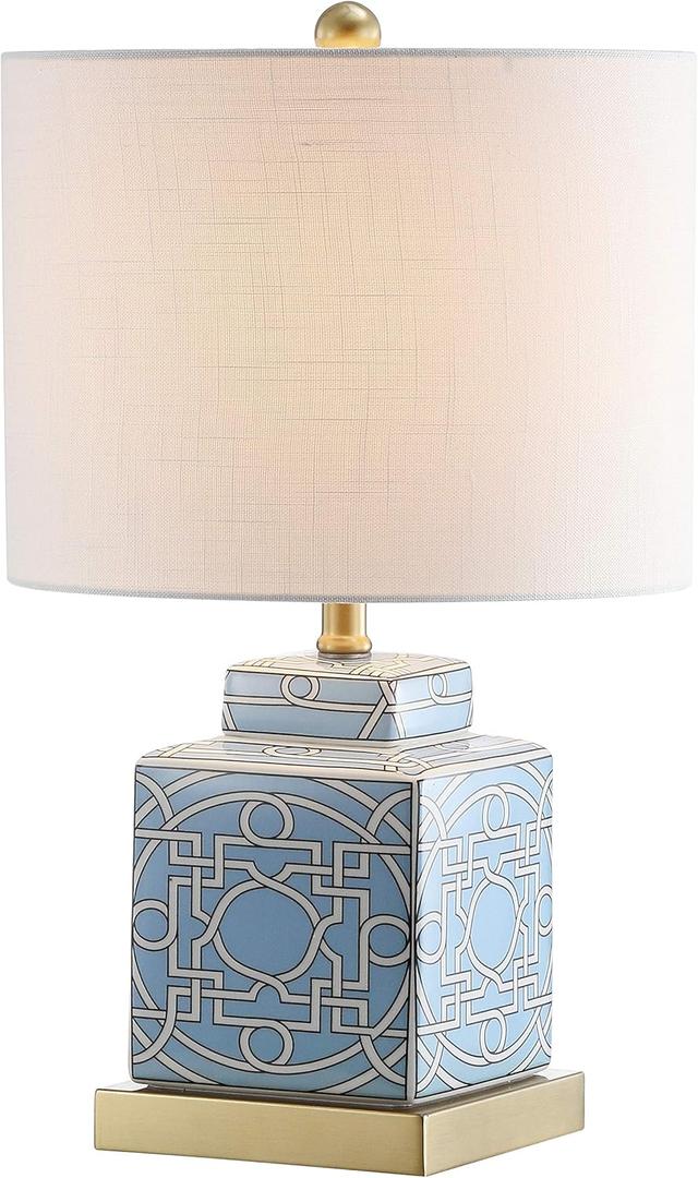 JONATHAN Y 22" Blue/White Modern Ceramic Ginger Jar Table Lamp for Nightstand, Square Lattice Transitional Chinoiserie Lamp for Living Room, White Linen Shade, LED Bulb JYL3044A