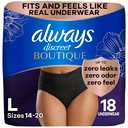 Always Discreet Boutique Incontinence and Postpartum Underwear for Women, Maximum Protection, Large, Black, 18 Count