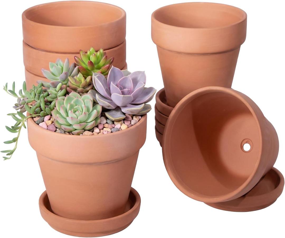 4 Inch Round Terracotta Pots, 6 Pcs Planters Pots with Drainage Holes and Saucer for Indoor Outdoor Gardening, Flower