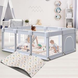 Baby Playpen 74x50 in PlayPen for Babies and Toddlers, Large Play Yards for Indoor & Outdoor with Zipper Gates, Breathable Mesh with Mat (74IN*50IN + MAT, Light Gray)