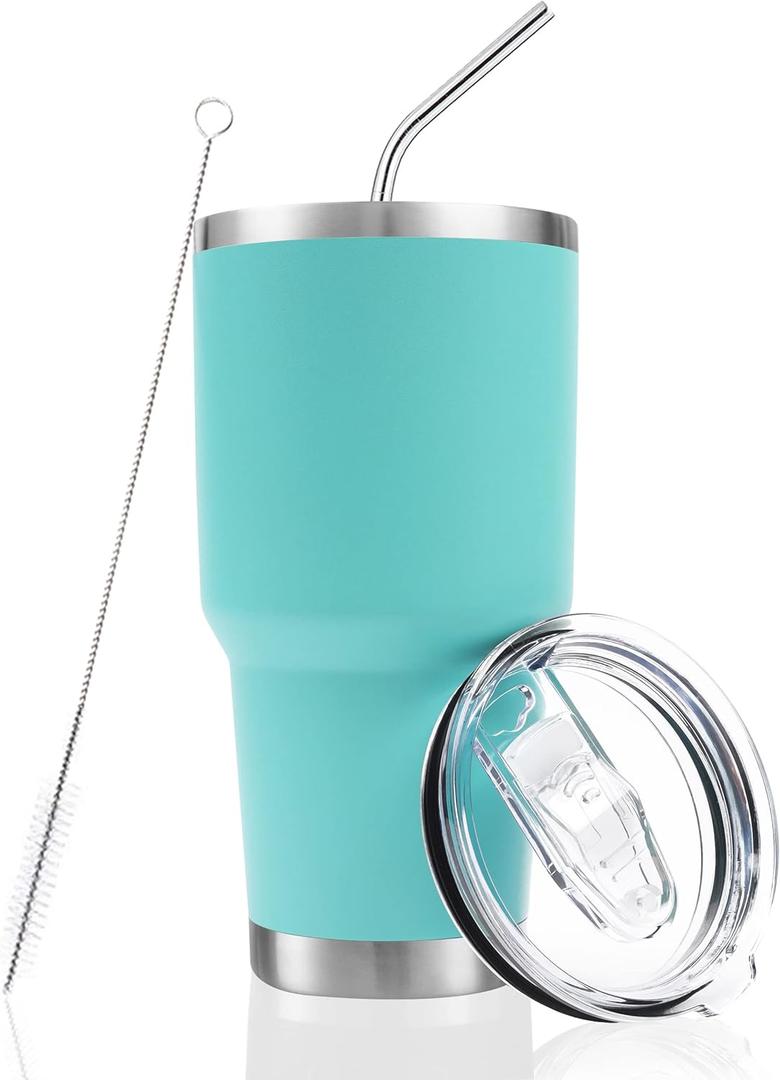 Toopify 30 oz Stainless Steel Insulated Tumbler Travel Mug with Straw Slider Lid, Cleaning Brush, Double Wall Vacuum (30 Mint)