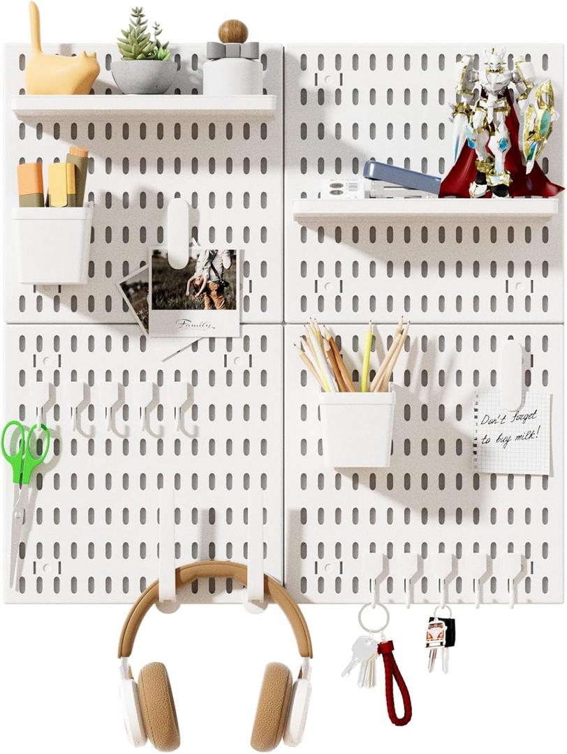 SHGJ&SOFT Peg Board Wall Organizer Panels, 22pcs - Includes 4 White Pegboards & Accessories, Plastic Pegboard for Home，Office, Craft Room, Gaming Setup, 24″×24″, Wall Mount Display Pegboard Panel Kits