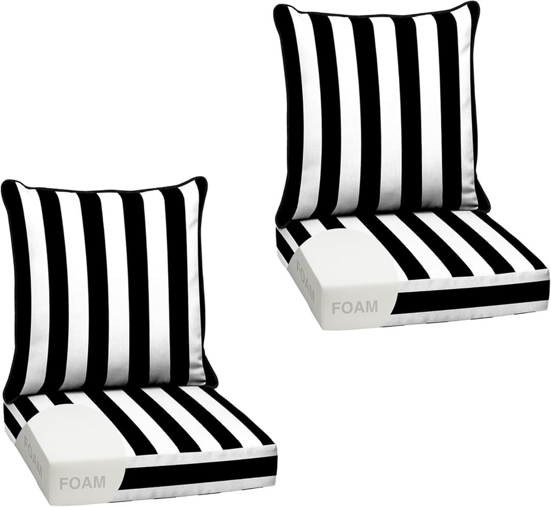 Outdoor Foam Deep Seat Cushion Set (2-Pack), 24x24, Premium High-Density Foam, Never Flattens, Weather-Proof for Patio Chair Sofa Couch, Black Cabana Stripe
