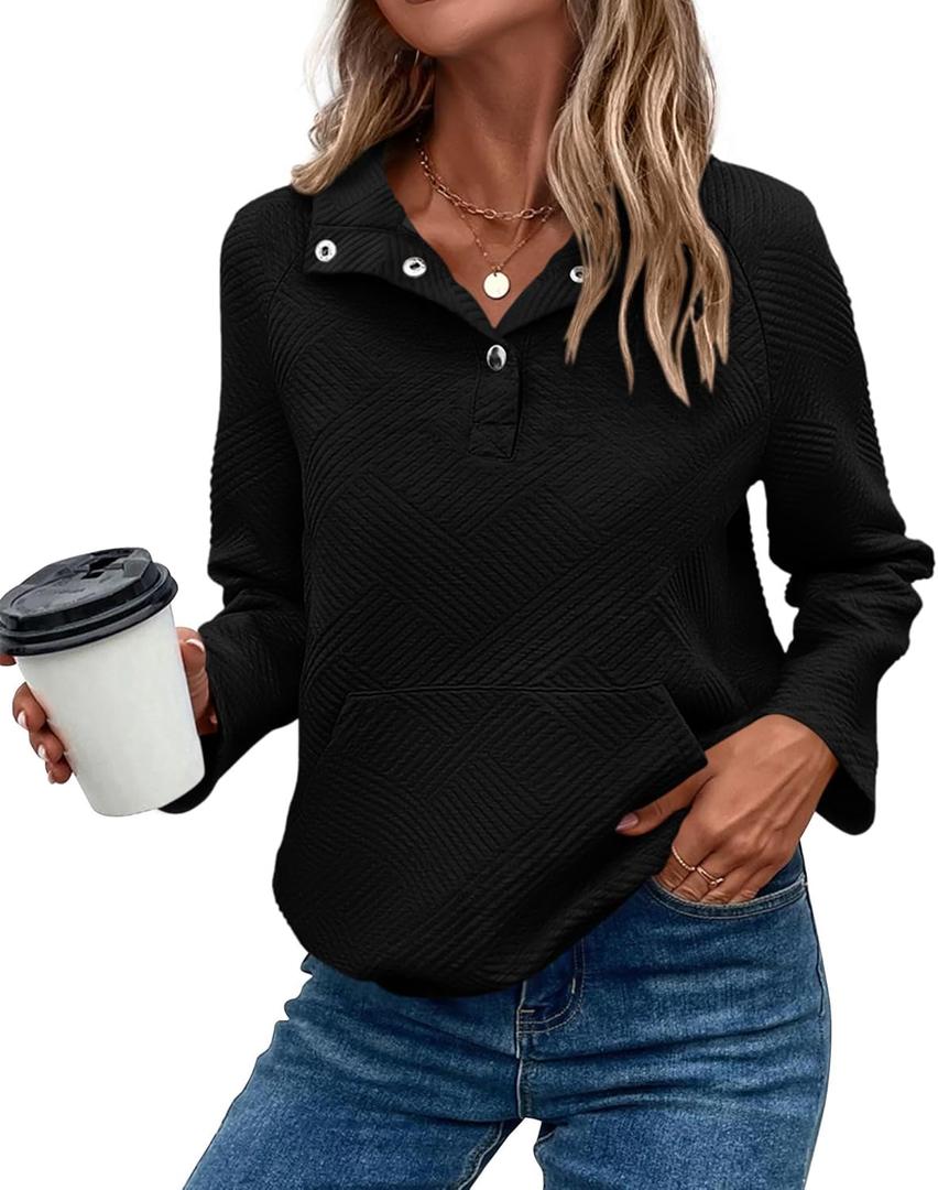 KIRUNDO Womens Sweatshirt Casual Textured Long Sleeve Henley Button V Neck Loose Pullover 2025 Trendy Fall Outfits Tops(Black, Small) (Black, S)