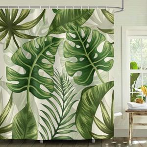 Tropical Leaves Shower Curtains, Palms Monstera Banana Leaf Green Plant Botanical Bathroom Curtains Bathtub Home Decor Machine Washable Waterproof Fabric with 12 Hooks 72L*72W inch