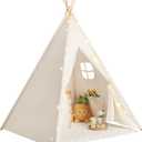 Sumbababy Teepee Tent for Kids Tent Indoor with Mat - 100% Cotton White Toddler Tee Pee Tents Play House- Collapsible Tents for Slumber Party - Washable Tipi Boho Bedroom Gift Toys for Girls & Boys