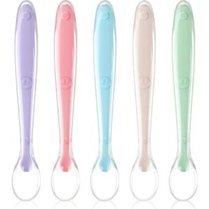 Vicloon Baby Silicone Spoons, 5 PCS Baby Training Feeding Spoons for First Stage 4 Months Toddlers, Infants Utensils Feeding Supplies, Soft Tip BPA Free Gum-Friendly Dishwasher Boil-Proof (Macaron Color)