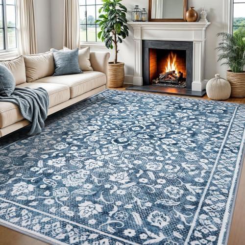 SILOLOOM Vintage 8x10 Area Rugs, Blue and White Washable Living Room Rug Non-Slip Thin Large Area Rug Printed Faux Wool Floor Super Soft Carpet Throw Rugs for Bedroom Dining Room Playroom Office