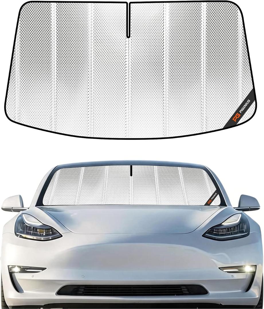 Pigenius Windshield Sun Shade for Tesla Model 3 2018-2026, Tesla Model Y 2020-2025. Full Coverage Rearview Mirror Shade for Ultimate Protection