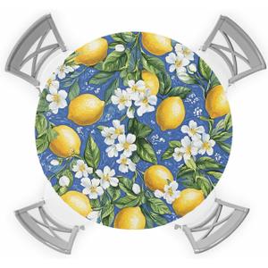 Lemon Round Fitted Tablecloth, Bohemian Farmhouse Lemon Blue Seasonal Elastic Edged Tablecloth, Wipeable Oil Proof Picnic Party Holiday Table Cloth for Home Kitchen Indoor Outdoor, Fit to 55" - 60"