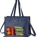 Laptop Tote Bag with Insulated Lunch Compartment for Women, PU Leather 15.6 Inch Work Bag, Elegant Computer Handbag, Versatile Business Tote for Office,Travel or Casual-Midnight Blue