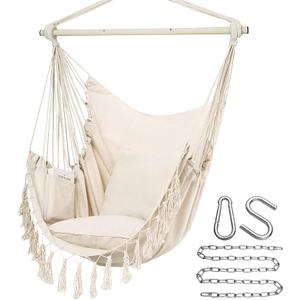 Y- Stop Hammock Chair Hanging Rope Swing, Max 500 Lbs, 2 Cushions Included, Large Macrame Hanging Chair with Pocket for Superior Comfort, with Hardware Kit (Beige)