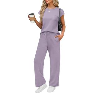 WIHOLL 2 Piece Sets for Women Casual Summer Travel Vacation Outfits Cap Sleeve Lounge Set (Medium, Purple)