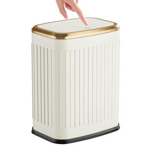 TIPGO Bathroom Trash Can with Lid, 2.1 Gallon / 8 Liter Small Garbage Can, Press Top Bin, Stainless Steel Wastebasket with Pop-Up Lid for Bedroom, Living Room, Office (Cream)