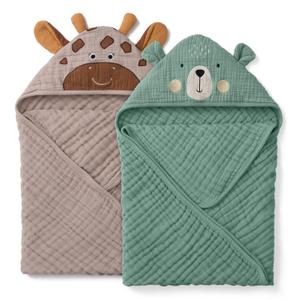 Blissful Diary Muslin Baby Hooded Towel 2 Pack, Soft & Absorbent Bath Towel for Infant, Toddler, Unisex, Baby Gift, Newborn Essentials, Bear & Giraffe