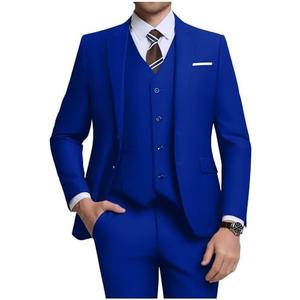 ZKHOECR Men's 3 Piece Slim Fit Suit Set, Two Button Blazer Solid Jacket Vest Pants Wedding Business Suith M Royal Blue