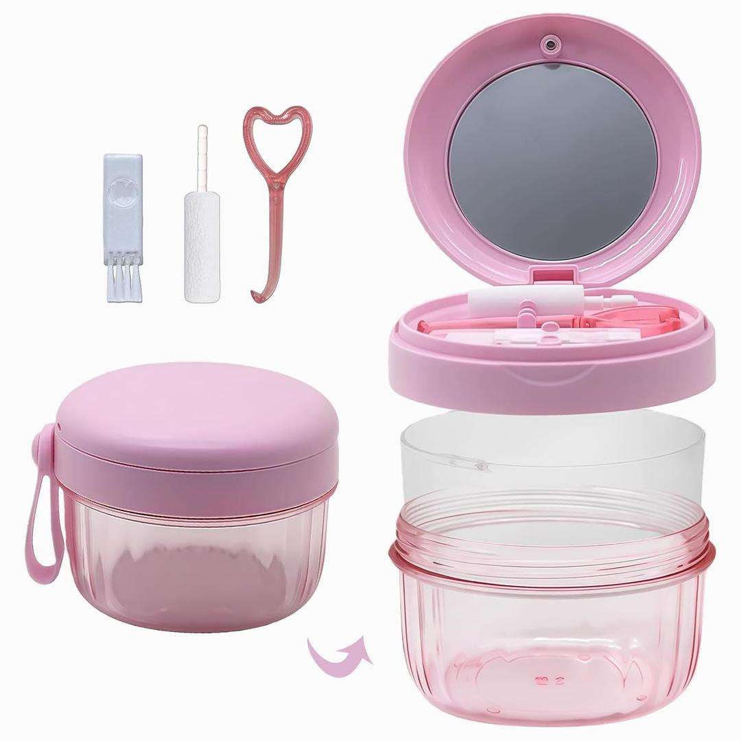 Denture Case, LeakProof Denture Bath Cup for Travel, LargeCapacity Denture Storage Cup, Comprehensive Cleaning Kit for Dentures, Retainers and Night Guards