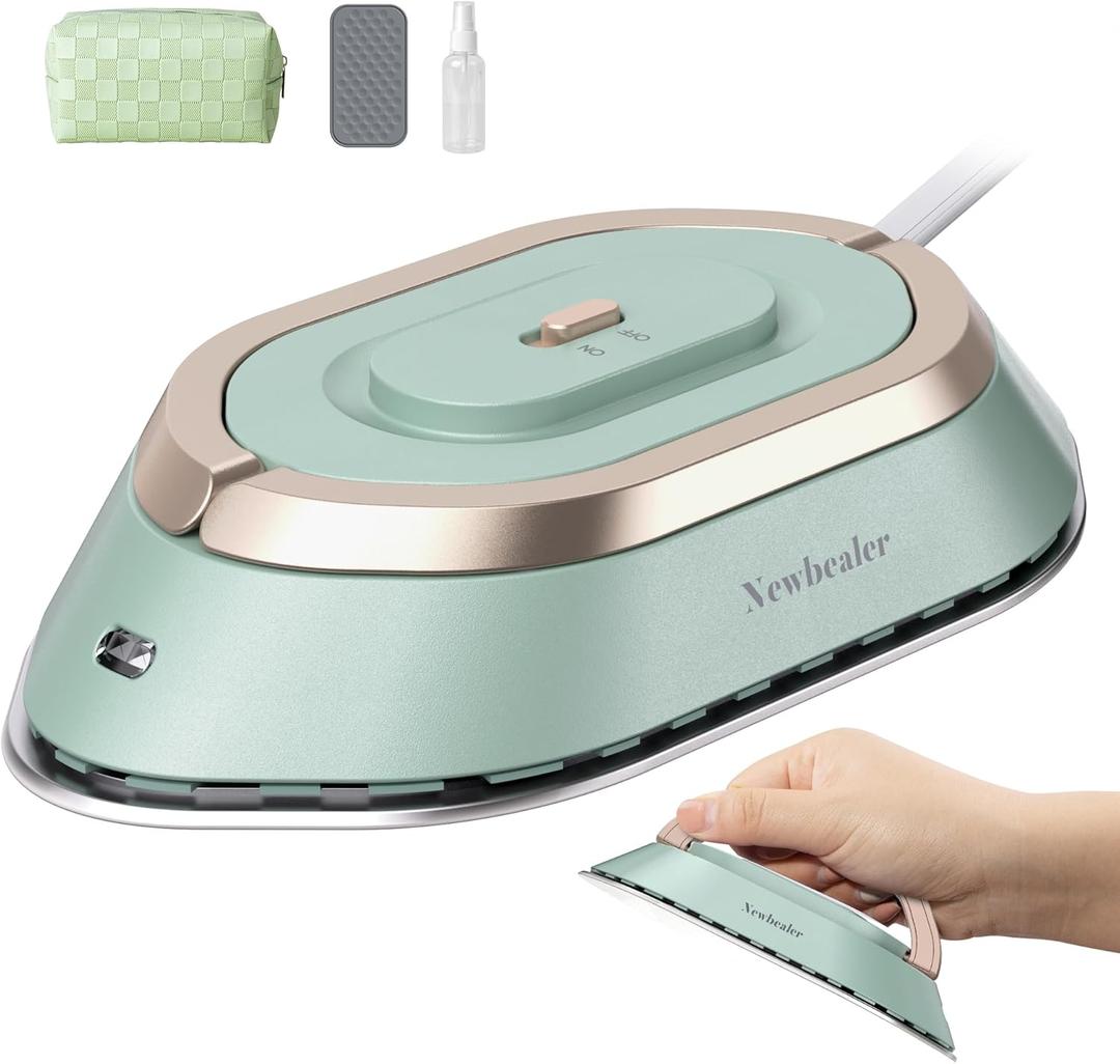 Newbealer Travel Iron with Global Voltage, 100-240V Mini Dry Iron for Clothes (No Steam), Max 300W, 60s Heat Up, 302 Non-Stick Ceramic Soleplate, 0.8lbs Ultra-Lightweight (Green)