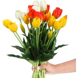 Riceshoot 6 Bunches Artificial Tulips Flowers 30 Pcs Real Touch Flower Soft Faux Tulips Bouquets Arrangements Realistic Flowers for Office Wedding Party Kitchen Decoration(Warm Color)