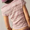 SOLY HUX Womens Lace Short Sleeve Coquette Crop Top Deep V Neck Fitted Casual Tee Shirts Aesthetic Clothes (Pink, S)