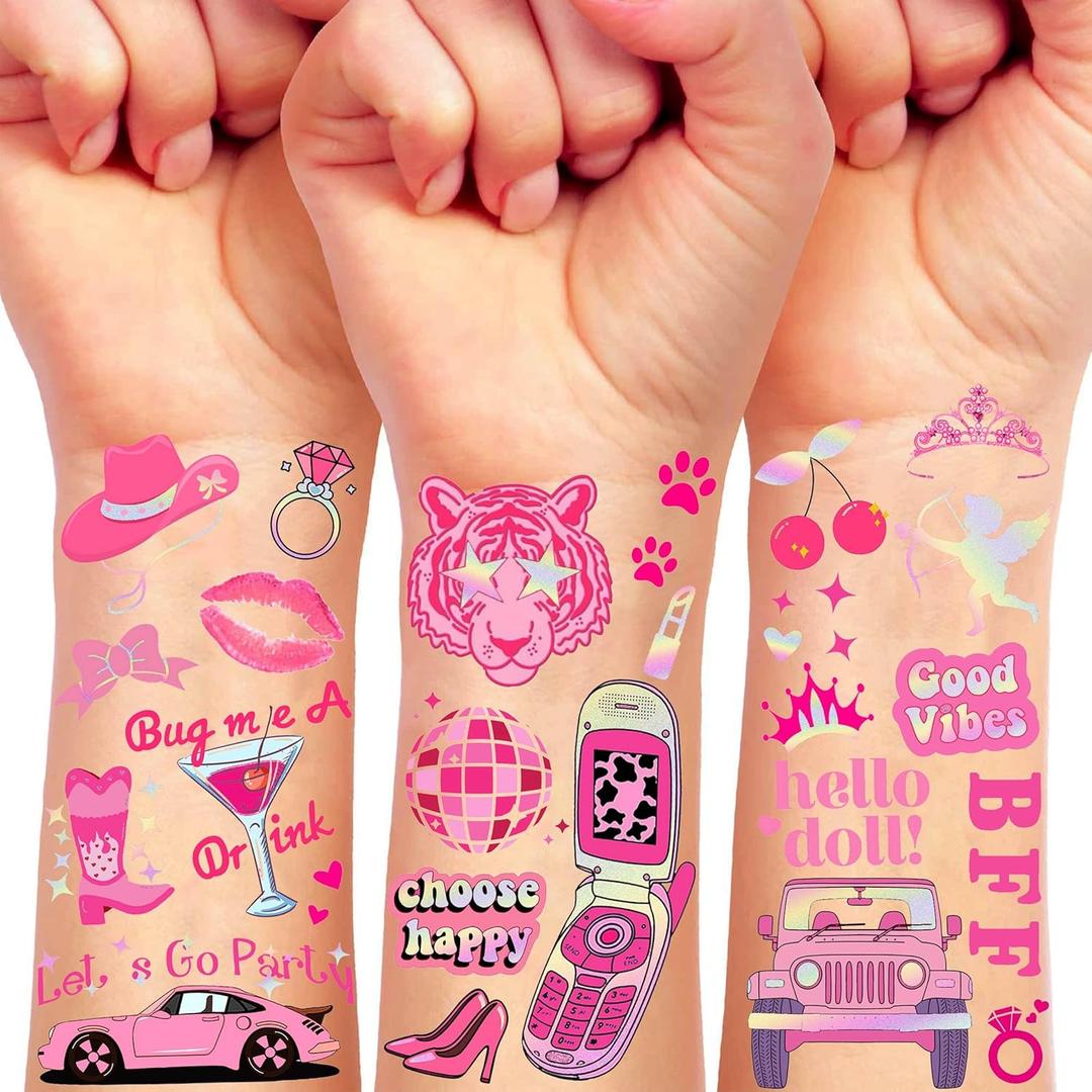 Pink Temporary Tattoos For Kids Girls Women Adults, 108+ 3D Cartoon Flash Metallic Iridescent Glitter Fake Tattoo Stickers, Y2k Pink Birthday Party Favor Supplies Goodie Bags Stuffers Stocking Fillers
