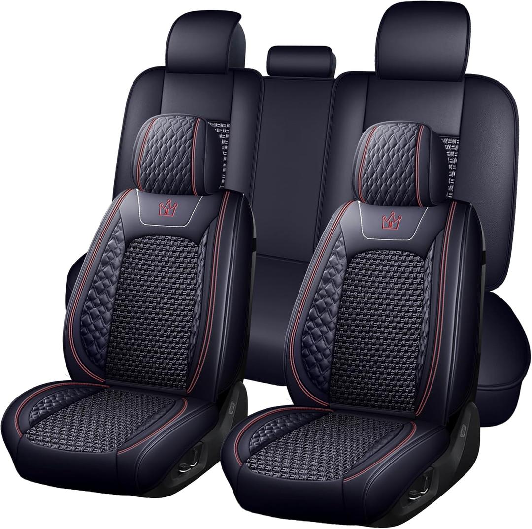 Luxury Car Seat Covers Full Set, Breathable Faux Leather Car Seat Protector, Dog Child Kids Summer Ventilated Seat Cushion for Front & Back Seats, Universal, Black, Full Set 5 Seats (Black Red Line)