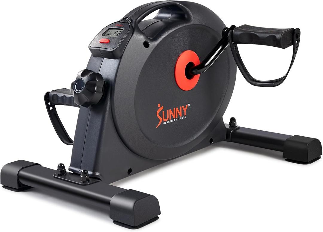 Sunny Health & Fitness Smart Mini Pedal Exerciser, Under Desk Bike/Elliptical for Home Workout & Cycle Cardio Training, Free SunnyFit App Link, Optional in Color, Mat/Workout Bands or Steel Stabilizer (Black)