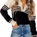 CiCiBird Women Fall V Neck Sweater Color Block Polo Long Sleeve Shirt Casual Loose Striped Pullover Sweaters (Small, A Apricot Black)