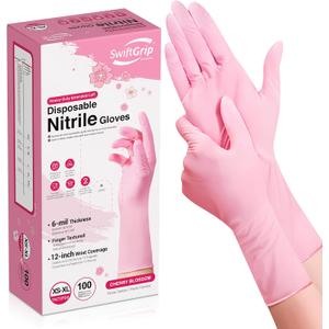 SwiftGrip Disposable Nitrile Dishwashing Gloves, Extended 12 Inches Cuff, 6-mil, Cherry Blossom Cleaning Gloves, Latex-Free (Pink, M)