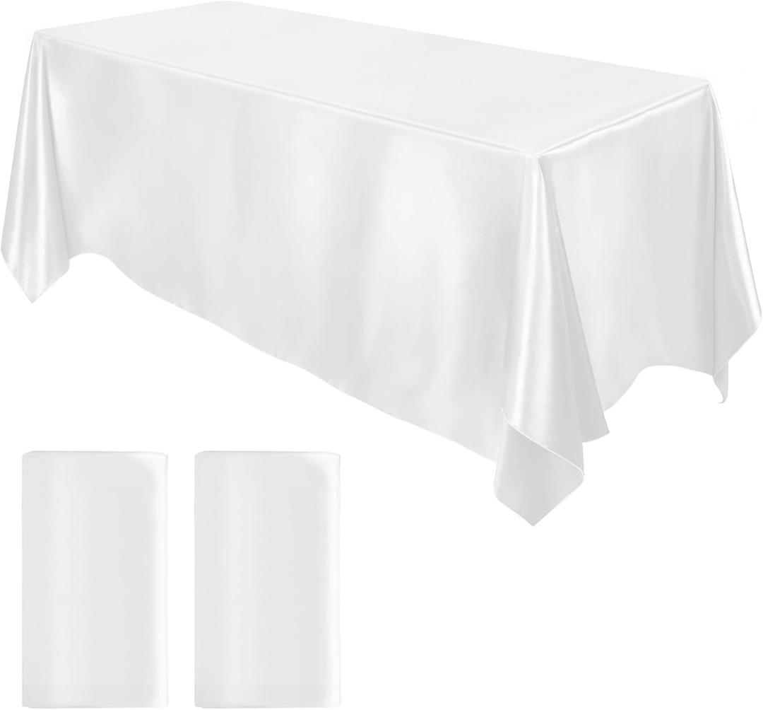 MCEAST 2 Packs Satin Tablecloth 102 x 58 Inches Rectangular Table Overlay Cover Bright Silk Tablecloth Smooth Fabric Table Decor for Wedding Banquet Decoration (White)