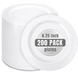 bUCLA 200PCS White Plastic Plates - 6.25inch Disposable Salad/Dessert/Appetizer/Small Cake Plates for Wedding & Party