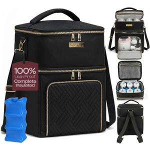 Castal Breast Pump Bag Spectra S1 S2Insulated Spectra Pump Bag, Breastmilk Cooler Bag with Ice PackLeak-Proof Double Layer Breast Pump Travel Bag Holds 6 Milk Bottles with Elastic StrapBlack