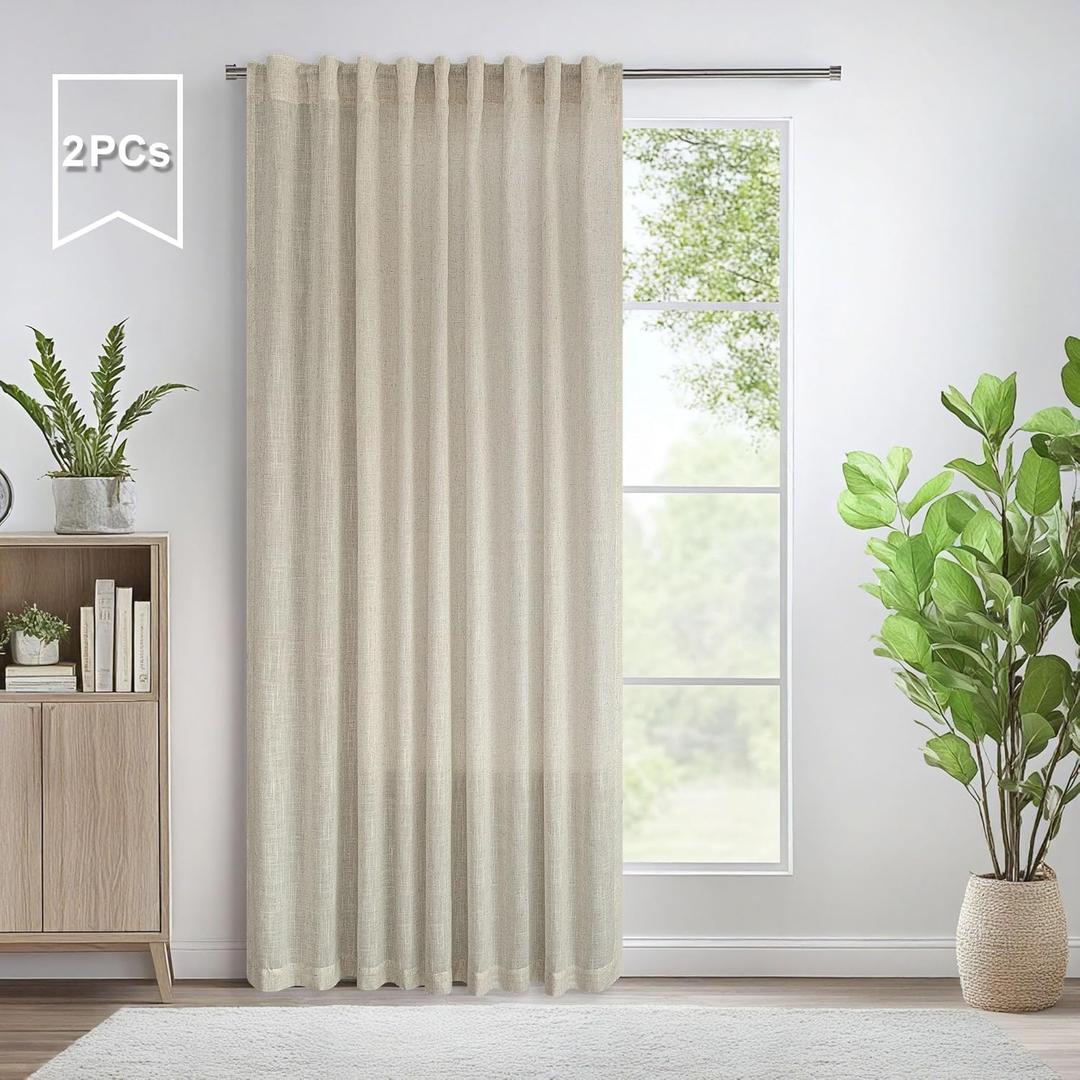 Pitalk Rustic Farmhouse Curtains 60 Inch Wide for Living Room Extra Large Beige Linen Drapes Semi Sheer Room Divider Curtain for Patio Sliding Glass Door 2 Panel Back Tab Pocket Width 60 x 96 Long Tan