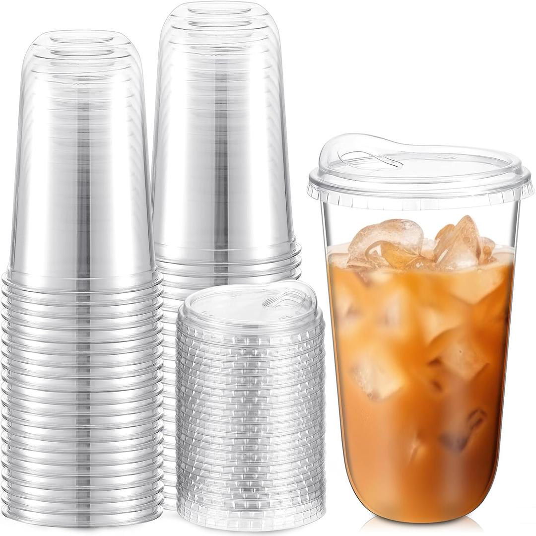 Baderke 50 Pcs Round Bottom Plastic Cups with Sip Lids Clear Disposable Iced Coffee Cups for Smoothie Cold Beverage Coffee Shops and Party Catering (18 oz, Clear)