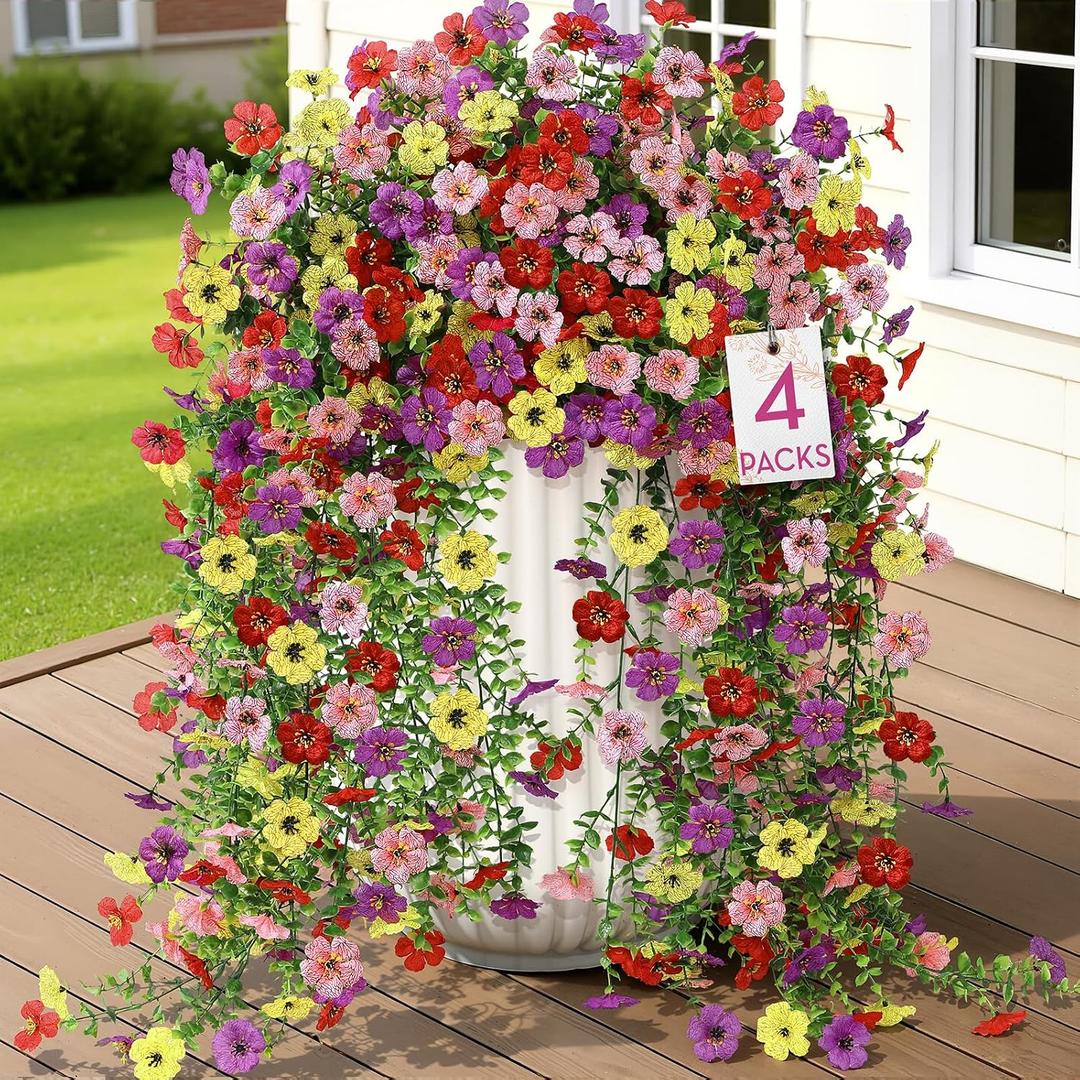 Alupssuc 4PCS Artificial Fake Hanging Flowers for Outdoor Spring Decoration, UV Resistant No Fade Faux Silk Daisy Floral Plastic Plants for Outside Indoor Yard Home Porch Realistic Decor(4 Colors)