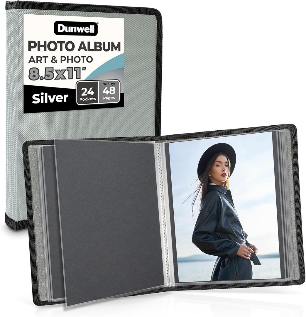 Dunwell Art Portfolio 8.5x11 Folder (Silver), Mounting Paper, Portfolio Binder for Artwork and 8.5 x 11 Documents Art Folder, 24 Pockets Display 48 Pages, Acid-Free Poly Presentation Book