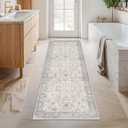 Light Grey 2x6 Boho Bathroom Runner Rug - Modern Vintage Eclectic Floral Pastel Neutral Taupe, Washable Low Pile Non-Slip Runner Rugs for Kitchen, Door Mat Indoor Entrance, Bedroom Laundry Hallway