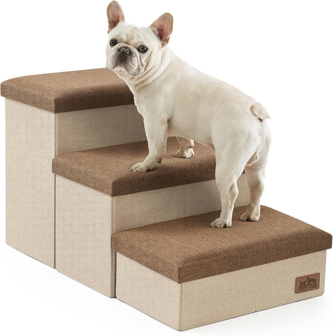 Dog Stairs With Storage, 3-Step Wider Sturdy Dog Steps For Small/Medium/Large Dogs And Older Cats, Folding Doggie Ramp For Bed/Couch/Car Hold Up To 180 Lbs (16.7" H, Brown)
