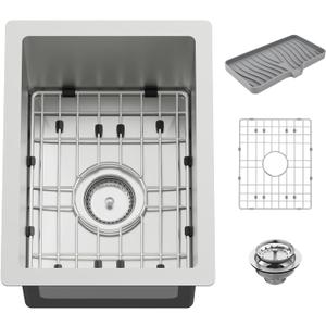 12x16In Stainless Steel Kitchen And Bar Sink - Small Undermount Single Bowl Drop In Staylish Kitchen&Bar Sink Ideal Choice For Small Space, Prep Area, RV With Bottom Grid,Soap Mat And Drain Assembly