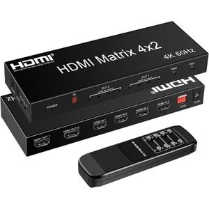 FERRISA 4x2 HDMI Matrix, 4K@60Hz 4 in 2 Out HDMI Switch Splitter with IR Remote, HDMI Matrix Switch + Optical + 3.5mm Audio Output, Support HDMI2.0, HDCP2.2, Auto Downscaler, 3D, Audio Extractor