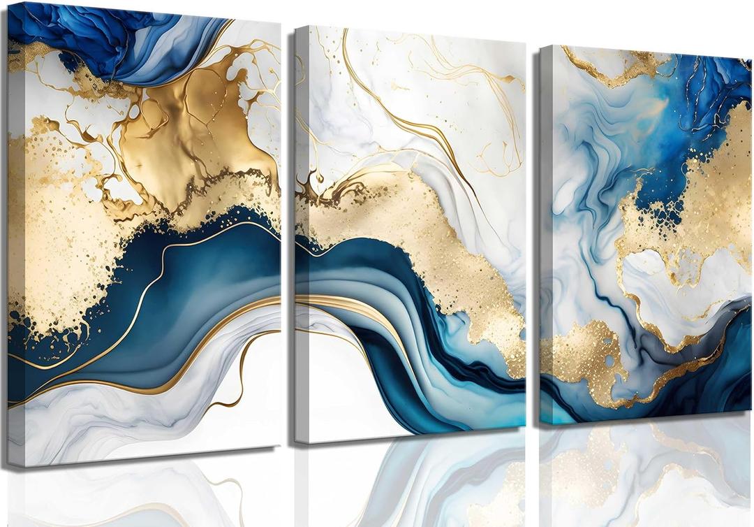 3Pcs Blue Gold Marble Canvas Wall Art Abstract Blue Gold White Wall Decor Pictures Modern Paintings Posters Prints for Living Room Bedroom Office Home Decoration, Ready to Hang (16x24in)