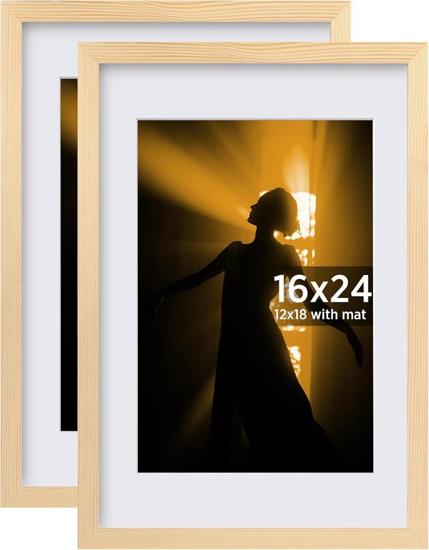 Egofine 16x24 Picture Frame Set of 2 Made of Solid Wood Covered by Plexiglass, Table Top Display and Wall Mounting Photo Frame, Natural Wood