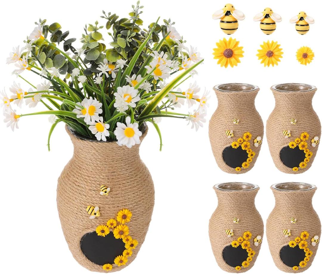 4 Set DIY Honey Bee Baby Shower Centerpiece, Rustic Bee Hive Table Decor, Farmhouse Vase Hive Decoration, Spring Summer Party Honey Home Decor Craft for Kitchen Living Room