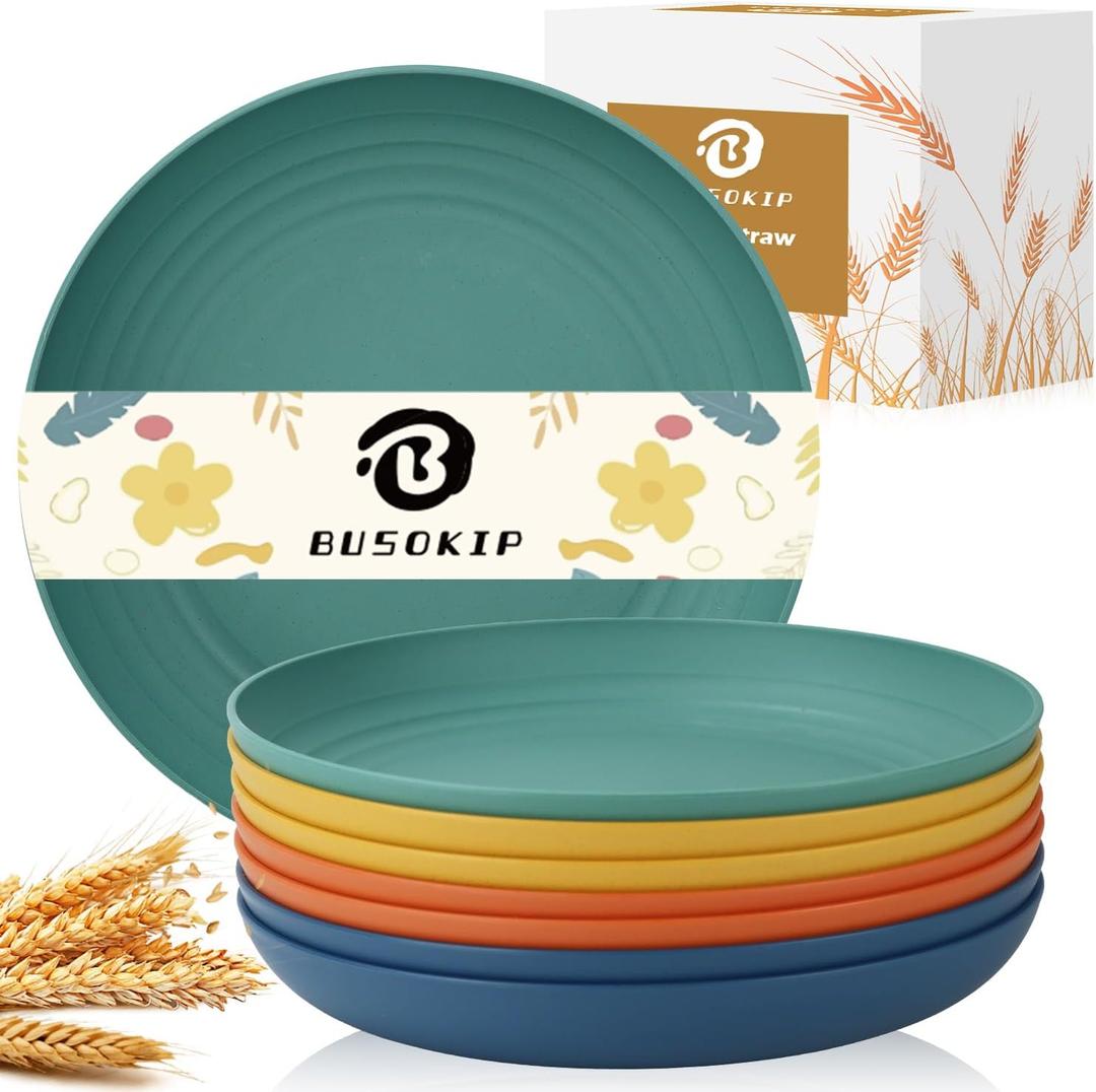 BUSOKIP 11 Inch Large Wheat Straw Plates 8 Pieces, Unbreakable Dinner Plates Reusable Plastic Plates Alternatives, Microwave Safe Plates for Kitchen, Plates Set of 8 (Multicolor)