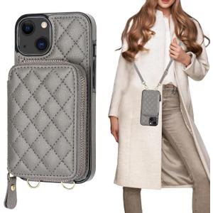 Bocasal Crossbody Wallet Case for iPhone 13, RFID Blocking PU Leather Zipper Handbag Purse Flip Cover, Kickstand Folio Case with Card Slots Holder Wrist Strap Lanyard 5G 6.1 Inch (Grey)