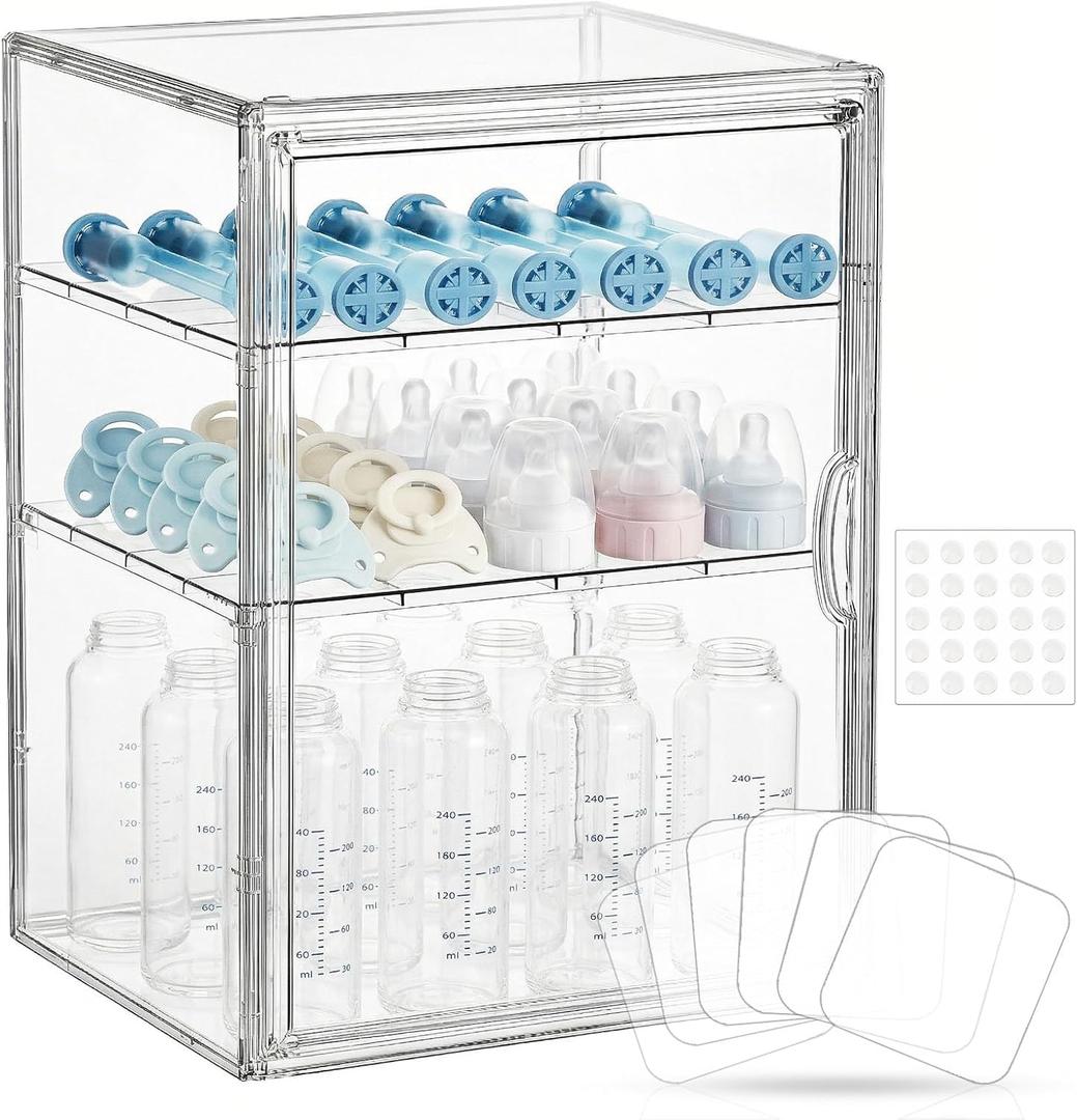 Baby Bottle Organizer X-Large Adhesive Wall-Mount 3 Tier Adjustable Acrylic Bottle Storage Container with Magnetic Door for Countertop, Cabinet, Kitchen, and Vanity, Gifts for New Mom