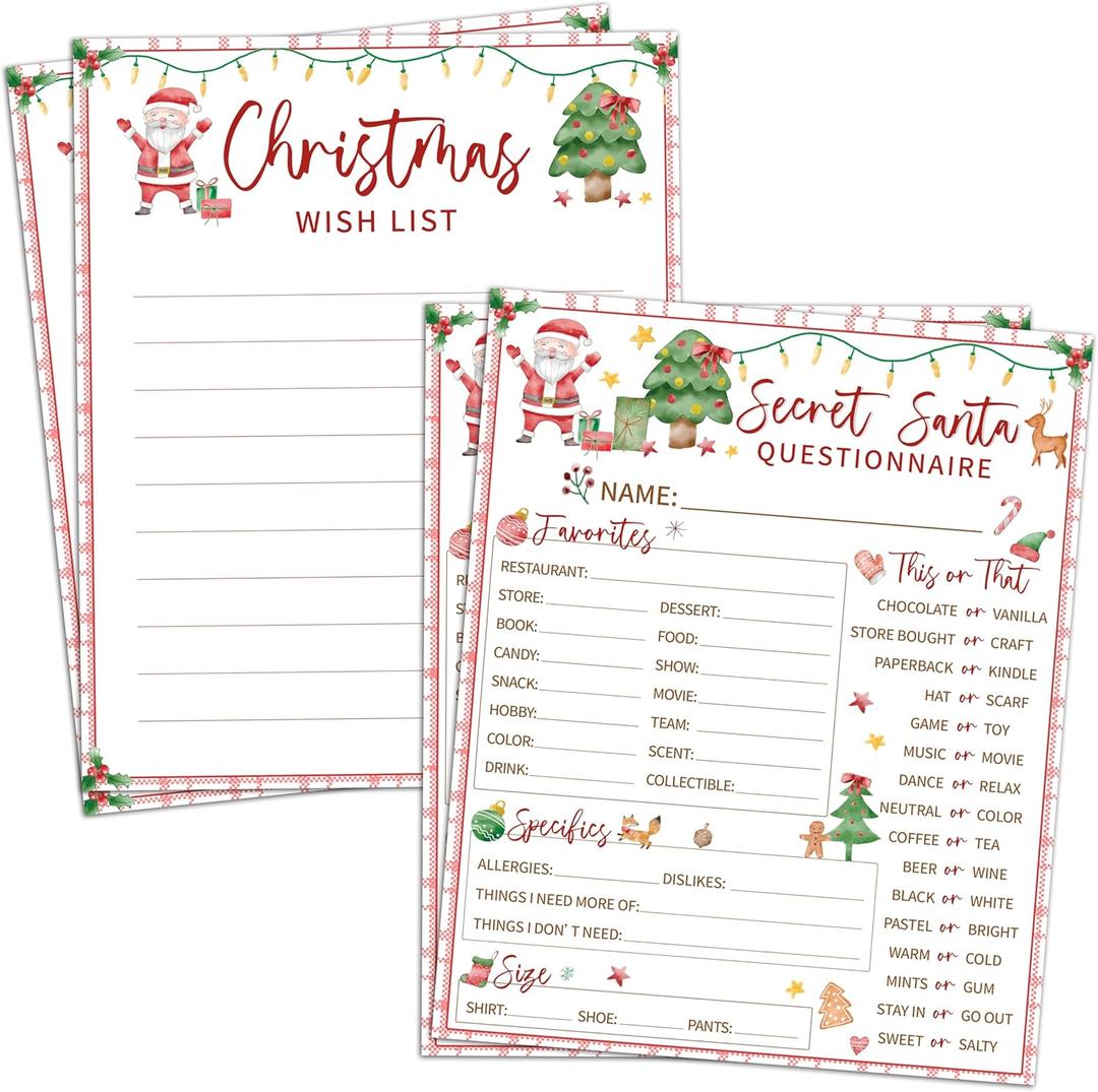 2 x 8"x10" Christmas Wish List Secret Santa Gift Exchange Card - 20PCS Double-side Christmas Questionnaire Cards - Home, Office, Classroom Xmas Holiday Party Gift Idea For Family, Friends, Coworkers - A05
