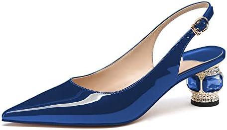 JANSEVEN Women Chunky Heels Pumps Crystal Block Heels with Rhinestones Pointed Toe Sexy Gradient Patent Leather Slip on Bridal Party Wedding Dress Shoes Size 8 US