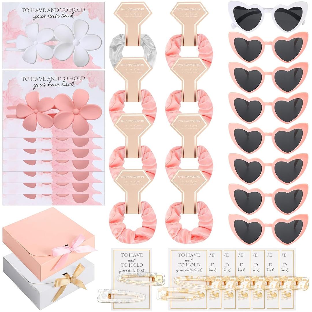 40 Pcs Bridesmaid Scrunchies Proposal Gifts Bachelorette Party Favors Glitter Hair Clip Flower Hair Claw Clip Girls Heart Sunglasses for Women Wedding Bridal Shower(White, pink)
