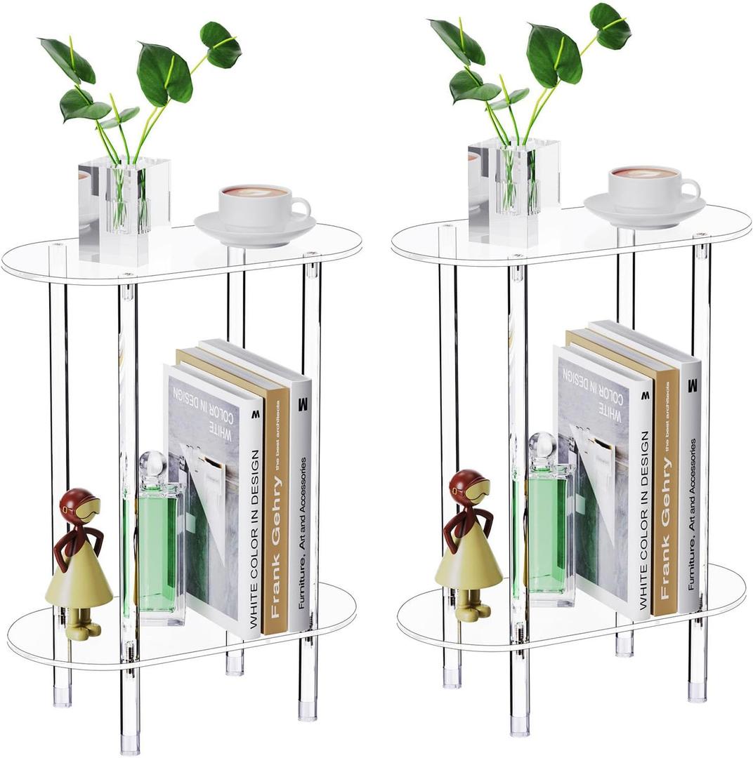 Clear Acrylic Narrow Side Table Set of 2 for Small Spaces, 15.75" L x 7.87" W x 19.82" H, 2 Tier Oval Slim End Table Nightstand, Small Skinny Bedside Table for Bedroom, Bathroom, Living Room